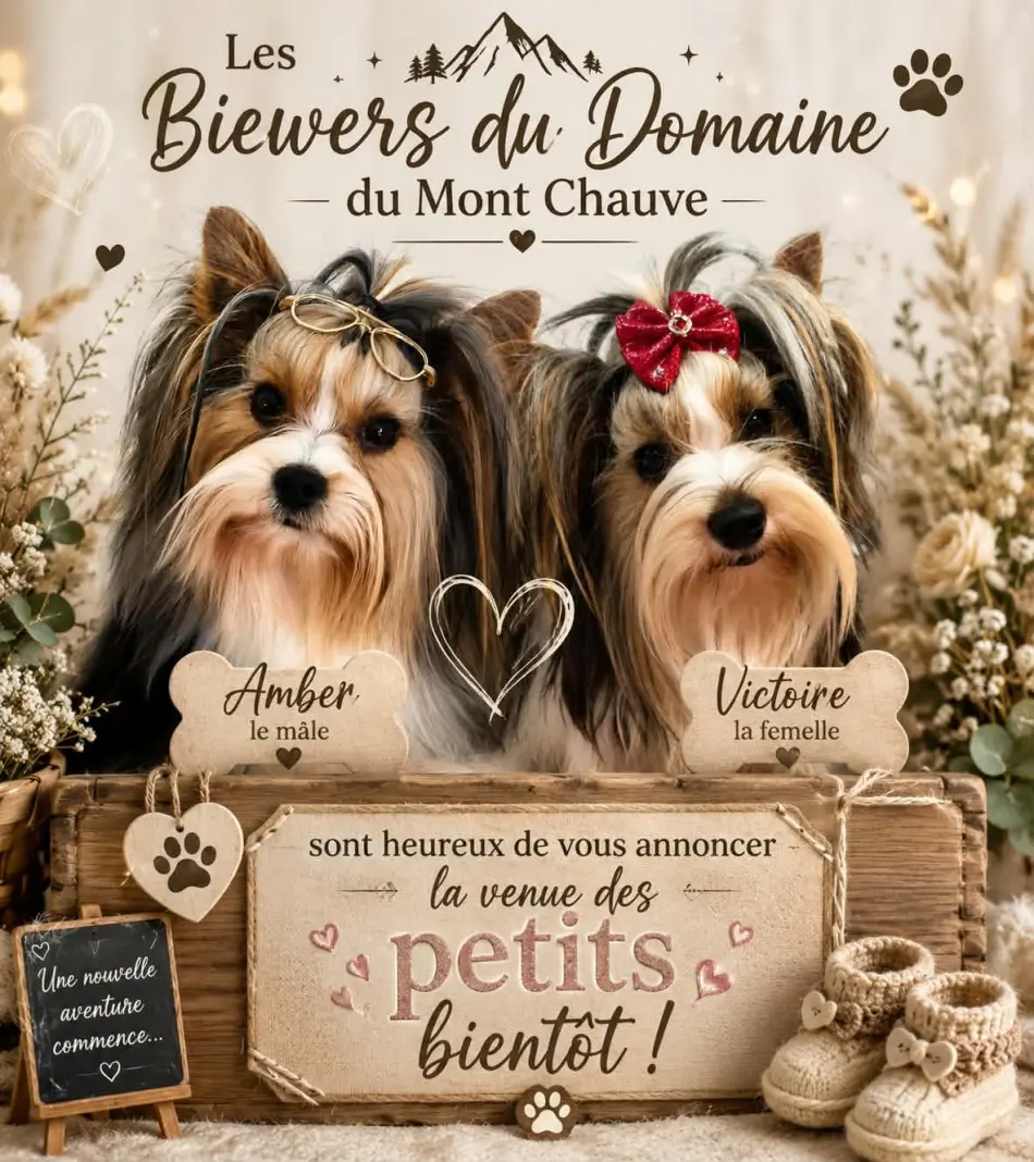 Annonce de la portée : Amber le mâle et Victoire la femelle, chiots Biewer Yorkshire Terrier LOF
